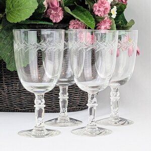 Set of 4 Etched Low Water Glasses Retro 1940s Vintage Fostoria Holly Low Goblets